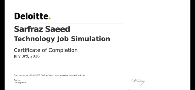 Deloitte Technology Job Simulation certificate preview