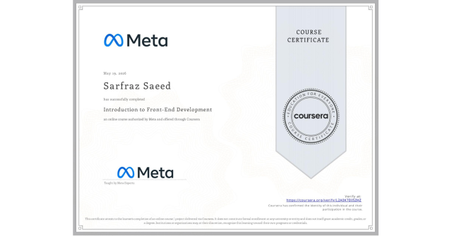 Meta Introduction to Front-End Development certificate preview